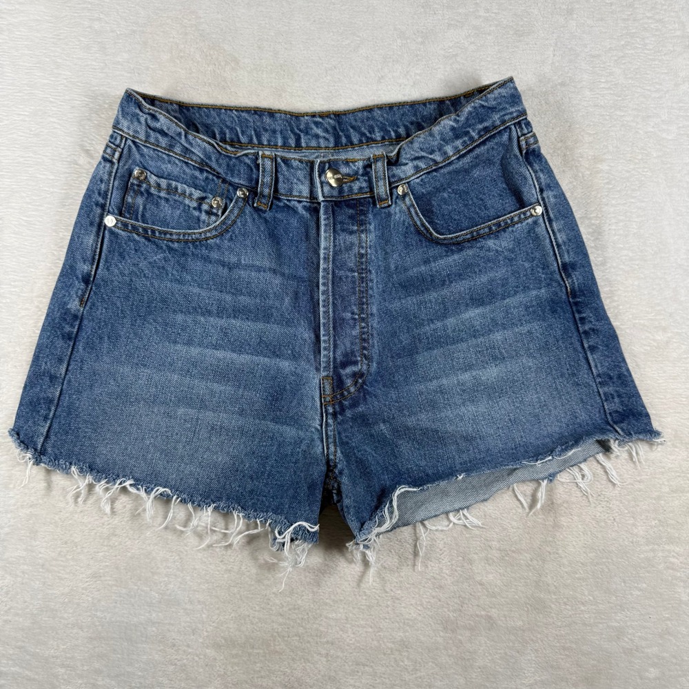 Djerf Avenue Blue High Rise Raw Hem Organic Cotton Denim Shorts Womens 25